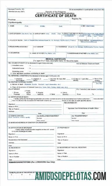 Certidão de Óbito Geral do Escritório de Registro Civil das Filipinas exemplo real